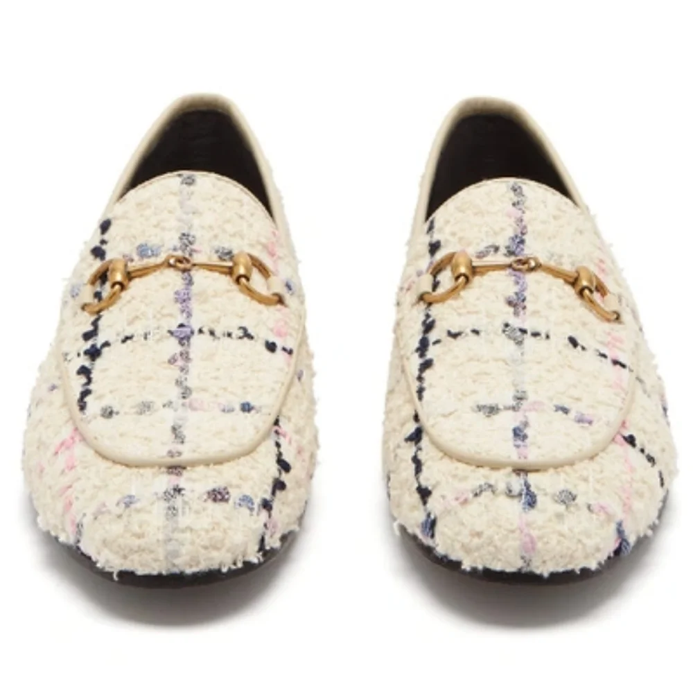Gucci Jordaan Horsebit-Detailed Leather-Trimmed Boucle-Tweed Loafers in Ivory - Picture 3 of 9